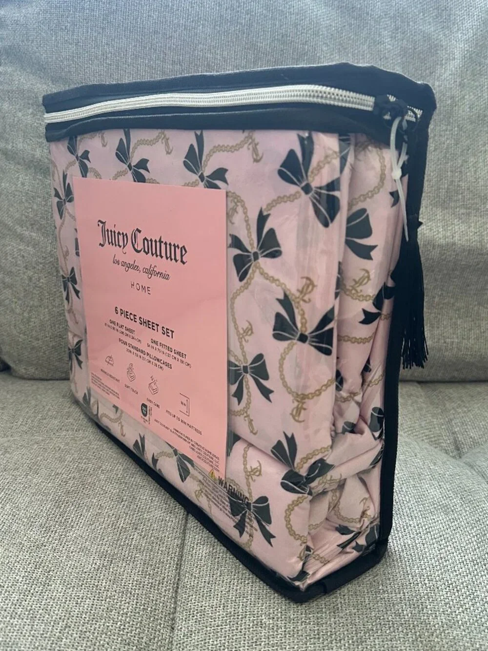 New Juicy Couture FULL 6 pc Sheet Set Pink with Black Bow Ribbons and JC